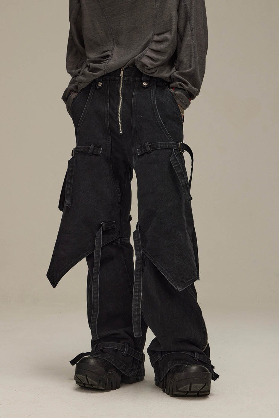 Spliced Faux-Layered Strap Zipper Pants