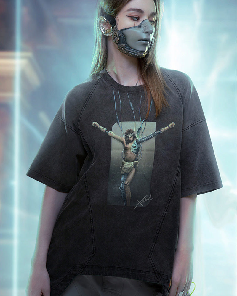 Cyberpunk Washed Gradient Discharge Print T-Shirt
