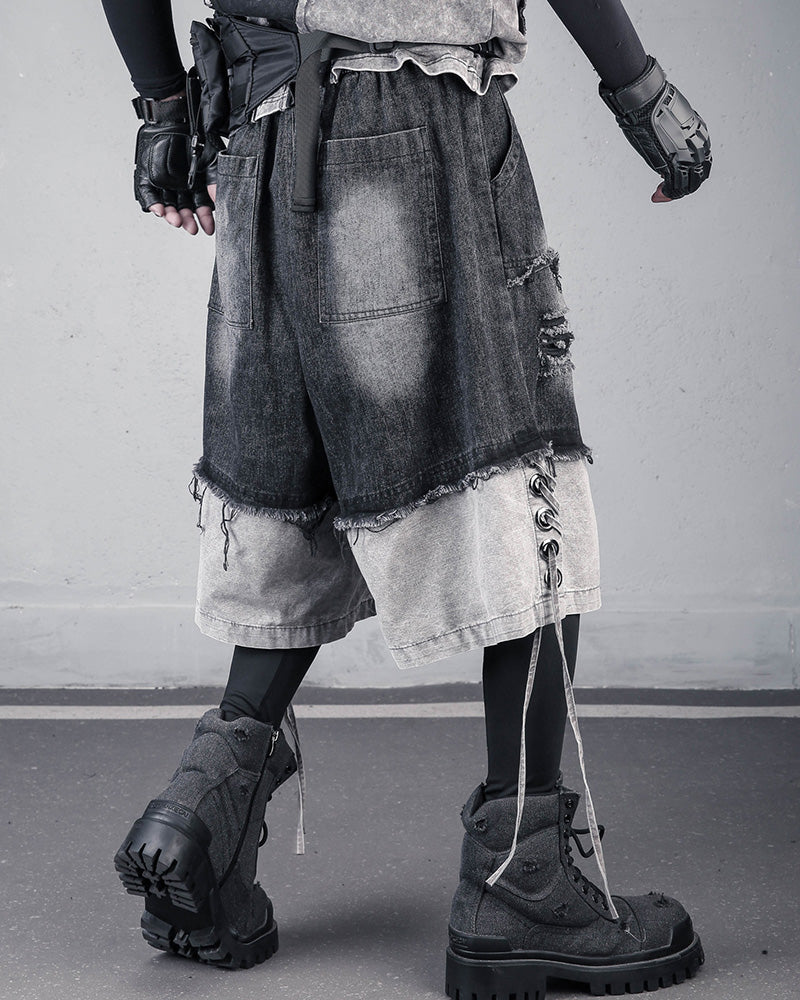 High-Street Wasteland Ripped Hem Washed Denim Shorts