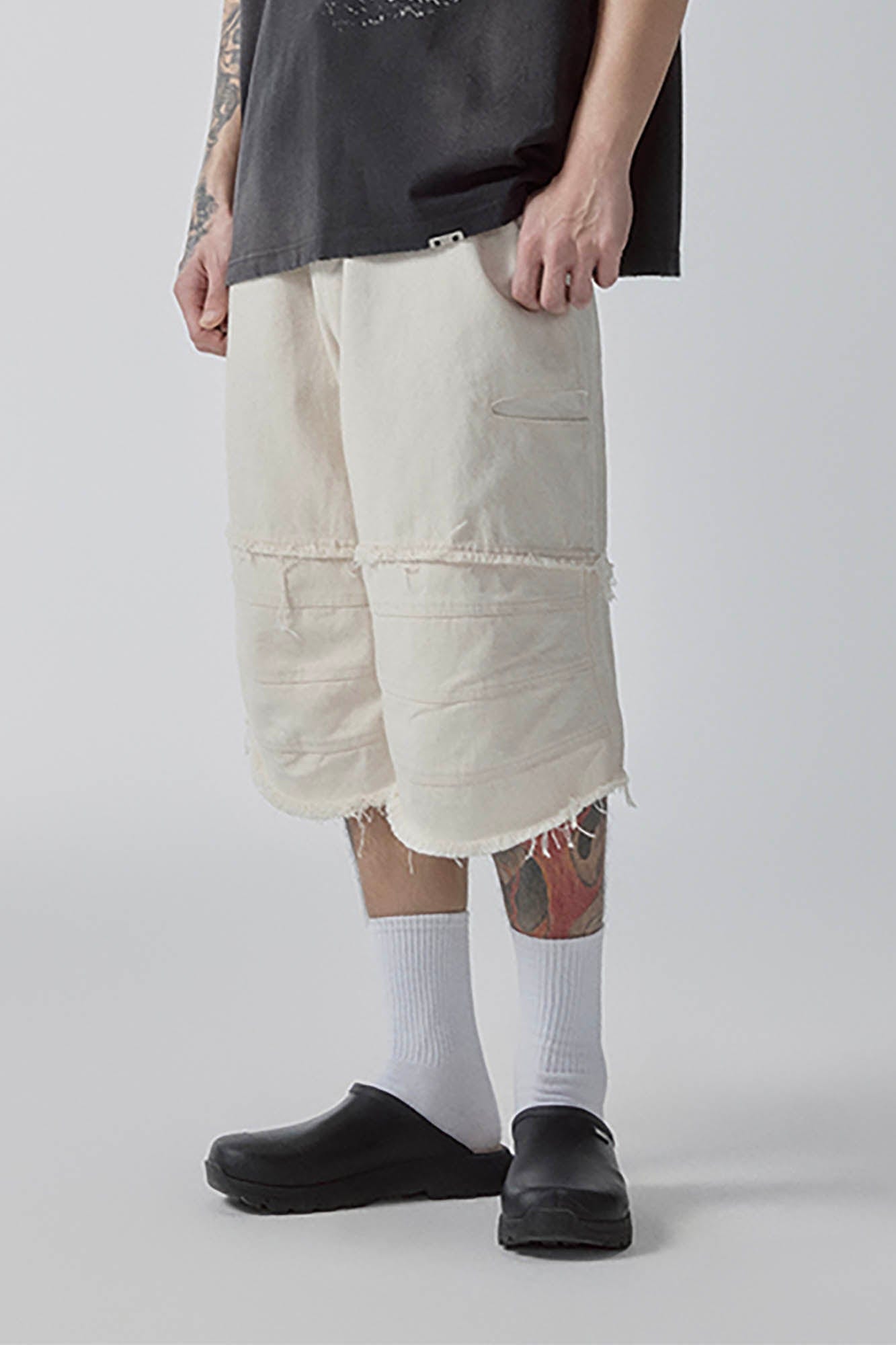 Layered Spliced Frayed-Edge Shorts