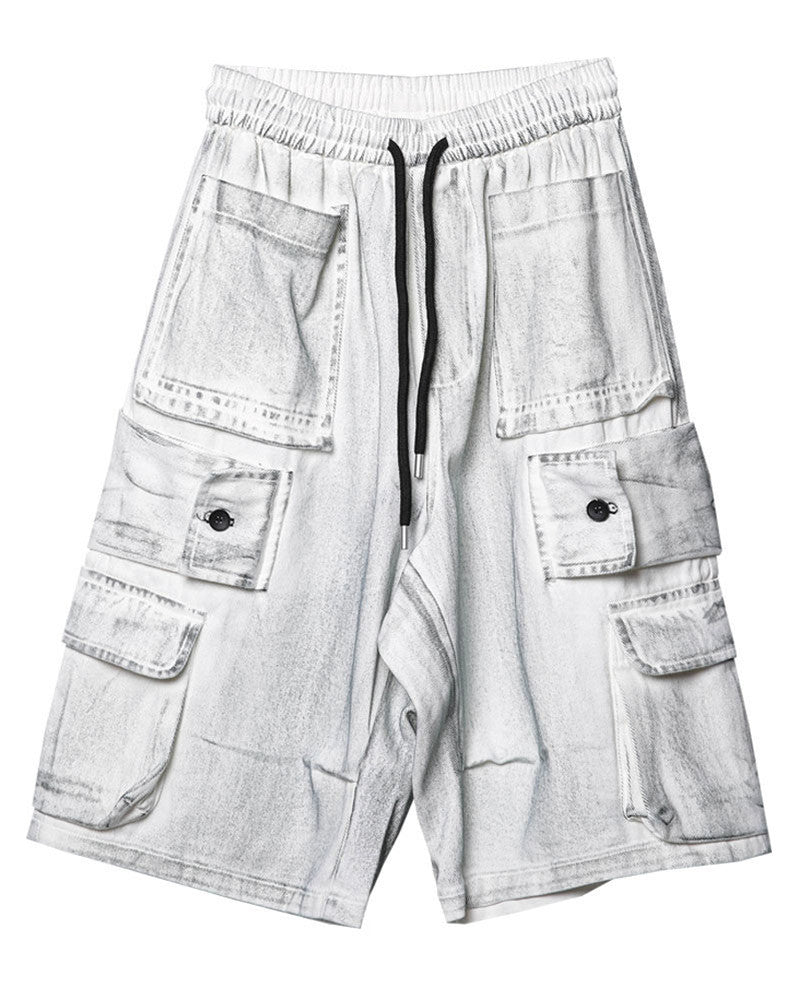 Washed Denim Multi-Pocket Cargo Shorts