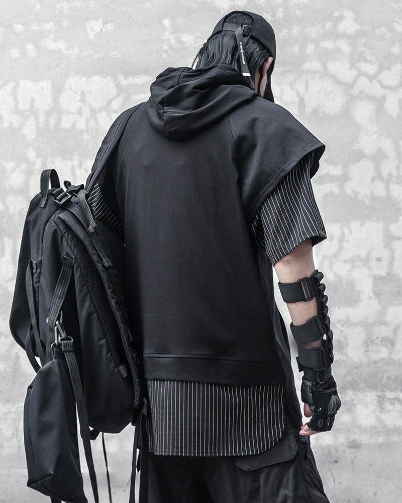 Layered Pinstripe Hooded Techwear T-Shirt