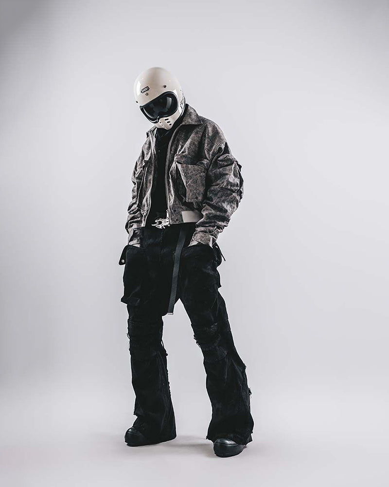 Acid-Wash Cropped Bomber Utility Jacket
