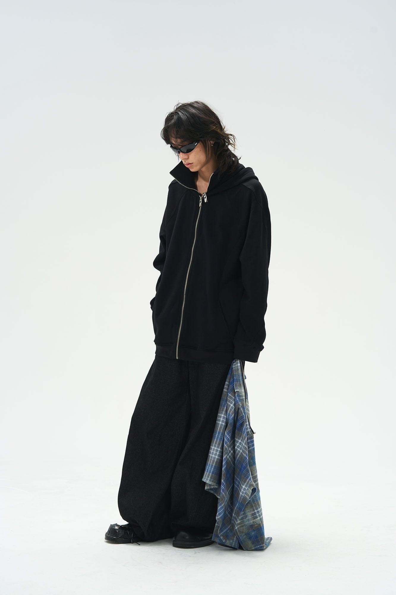 Detachable Plaid Flap Panel Wide-Leg Pants