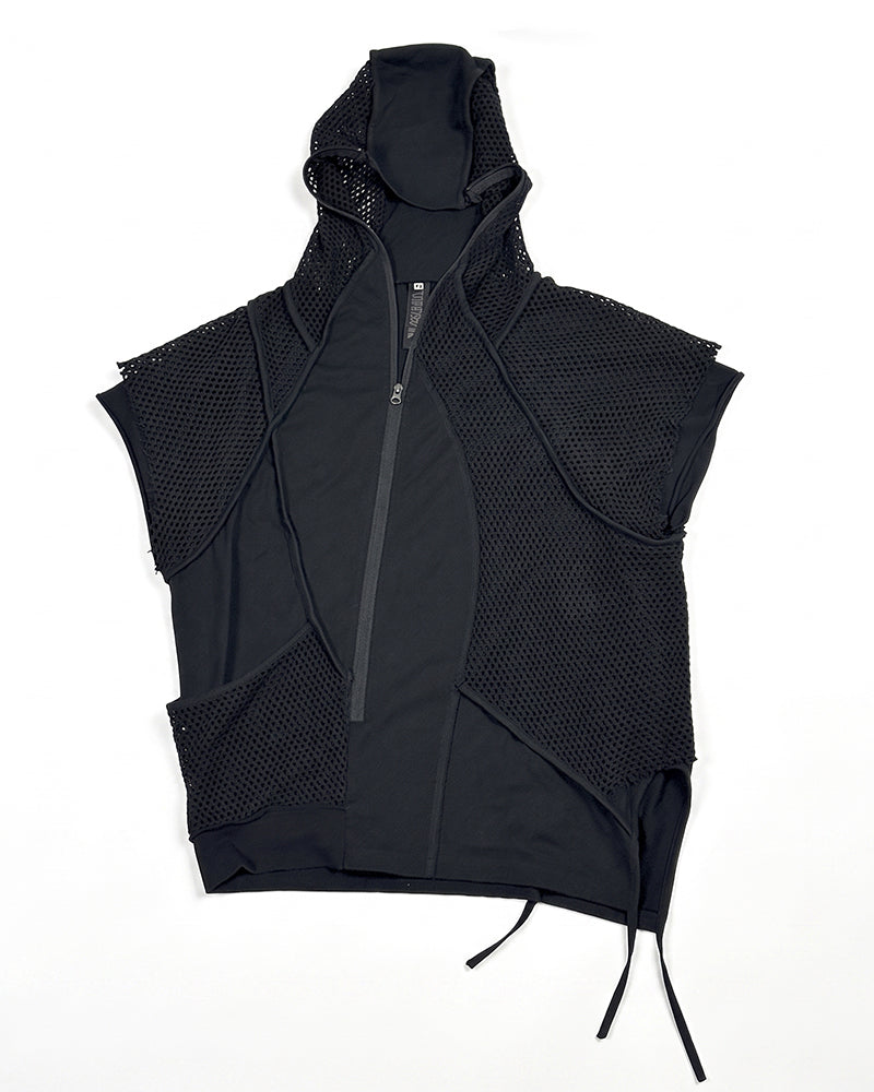 Post-Apocalyptic Mesh-Patchwork Diagonal-Zip Hooded Sleeveless T-Shirt
