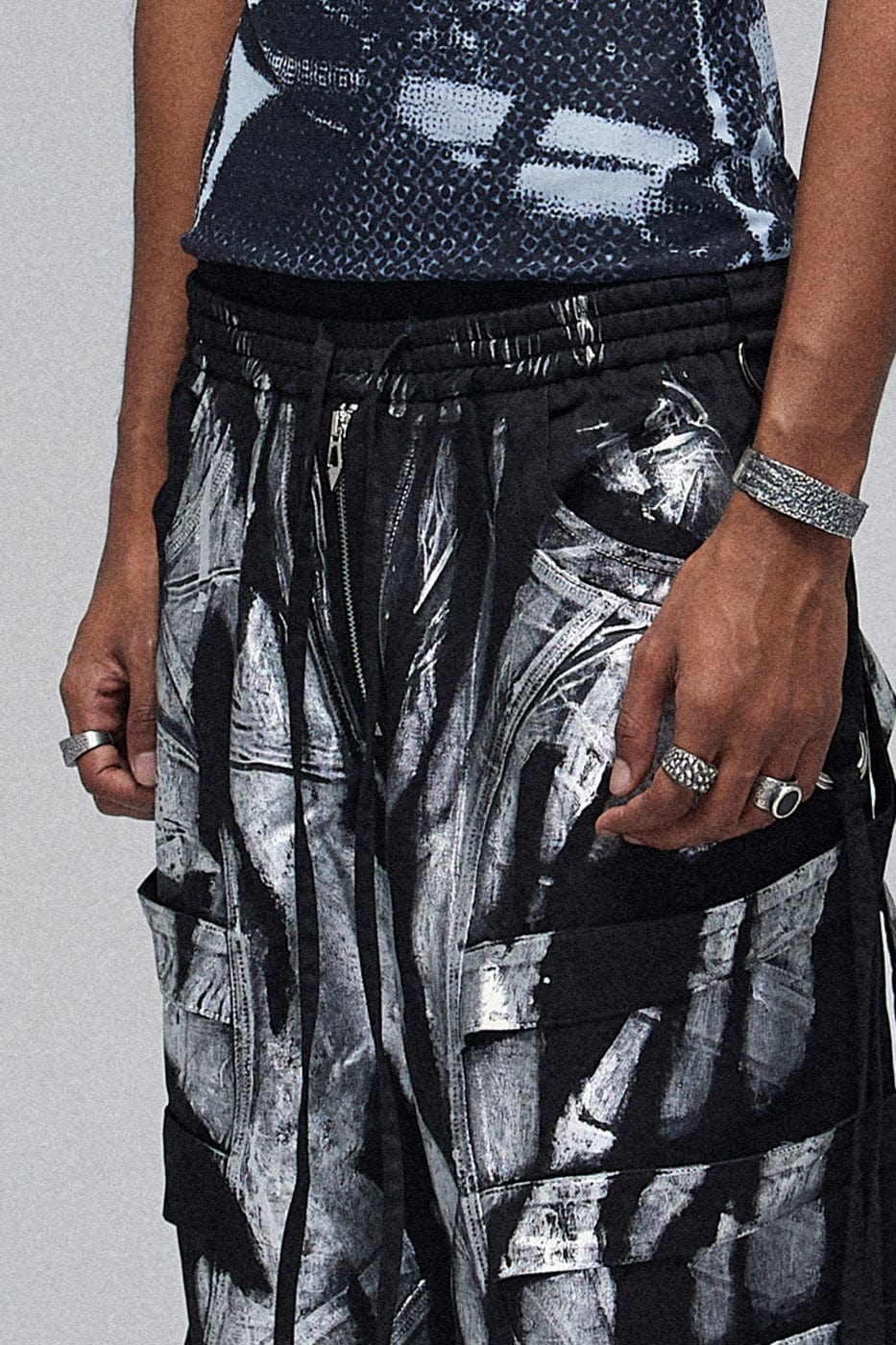 Multi-Layered Striped Graffiti Cargo Pants