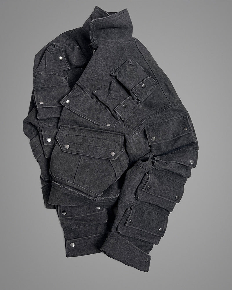 Dystopian Modular Multi-Pocket Armored Denim Jacket