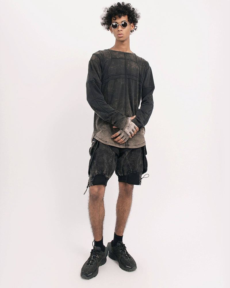 Washed Paneled Crew Neck Long-Sleeve Tee