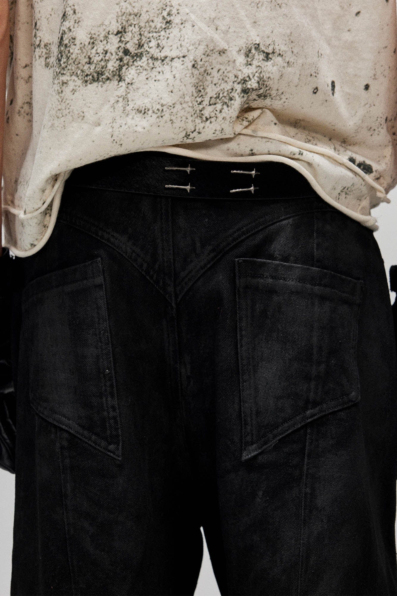 Distressed Waxed Zipper-Paneled Scimitar Pants