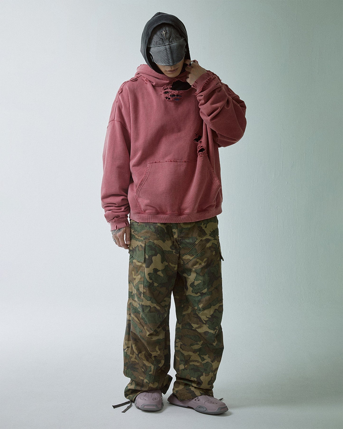Wide-Leg Draw-String Camo Cargo Pants