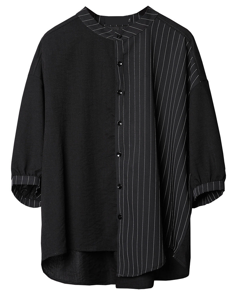 Japanese Style Asymmetrical Striped Patchwork Shirt