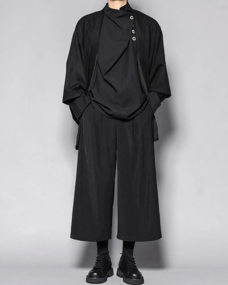 Modern Japanese Half-Stand Draped Collar Long-Sleeve Shirt