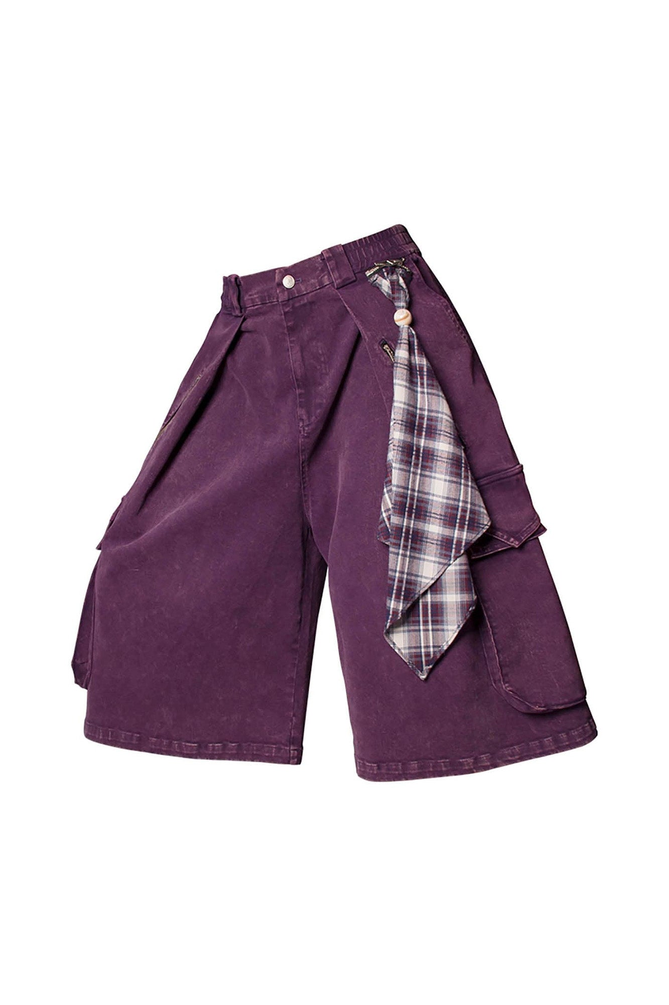 Detachable Scarf Washed Multi-Pocket Wide-Leg Shorts Purple