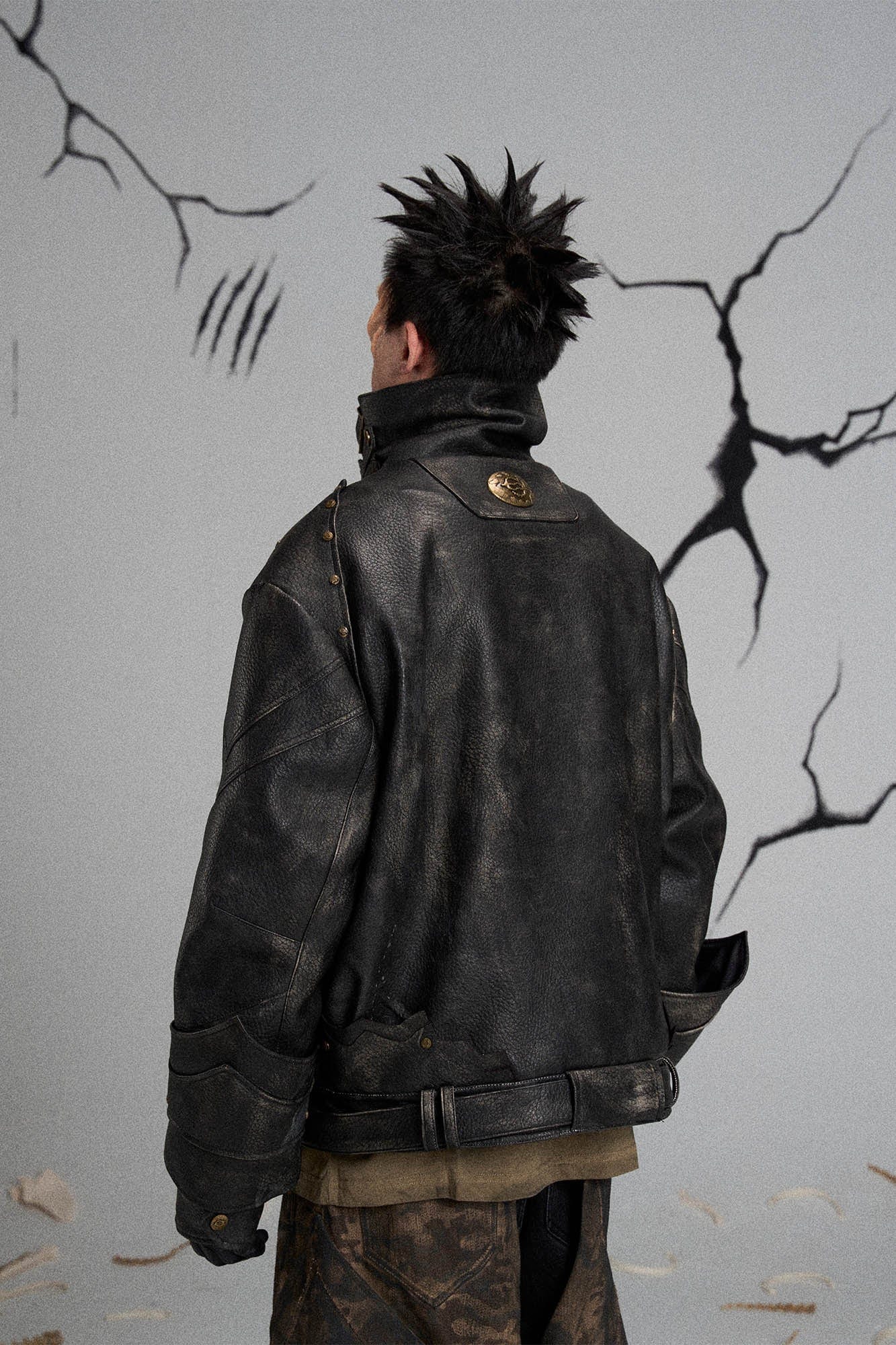Mutation Knight Armor Distressed High-Collar Faux Leather Jacket