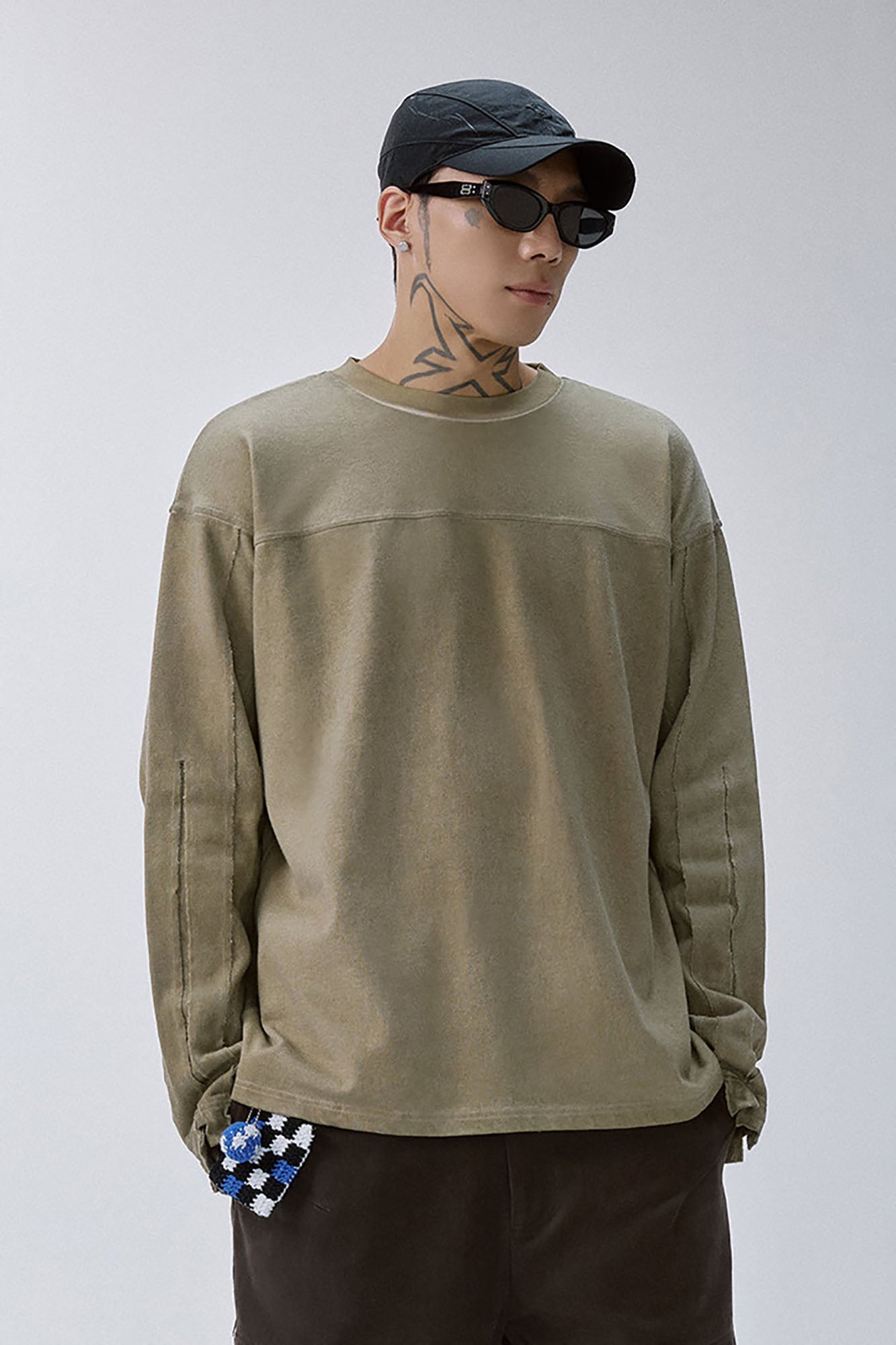 Distressed Panel-Stitched Long-Sleeve Tee