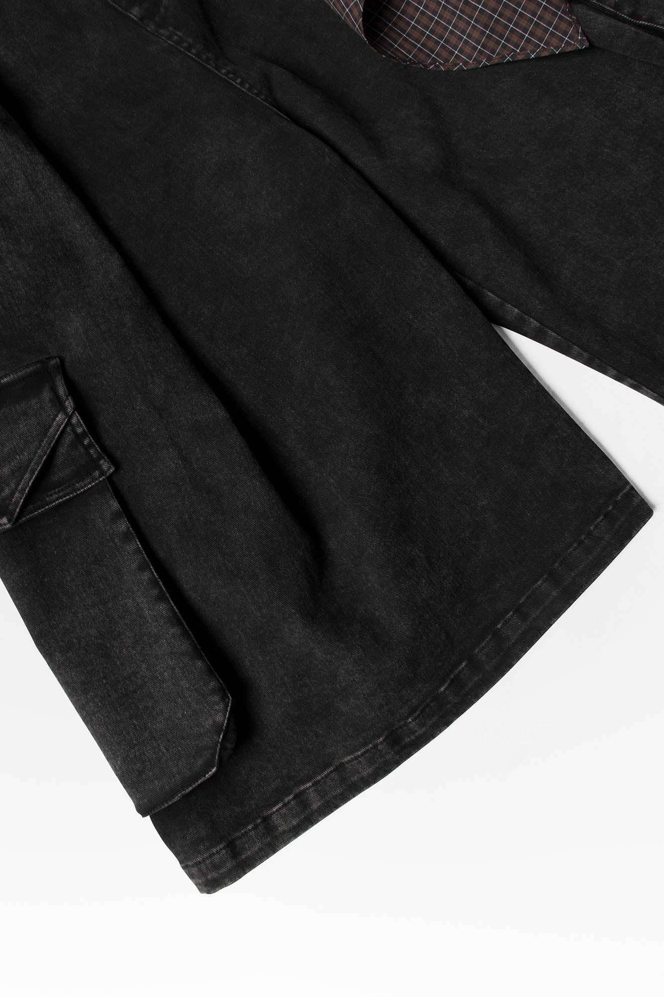 Detachable Scarf Washed Multi-Pocket Wide-Leg Shorts Black