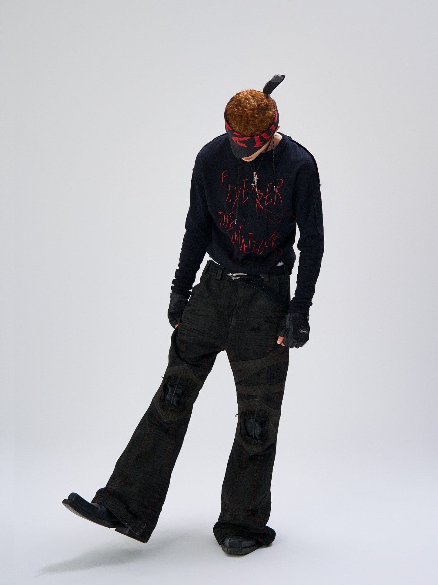 Cross-Panel Contrast Frayed Embroidered Long-Sleeve Tee