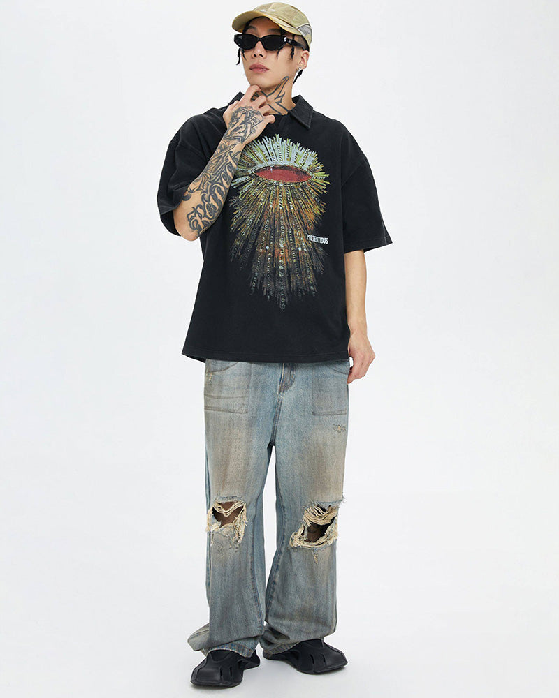 Washed Vintage Radiant Eye Print Polo T-Shirt