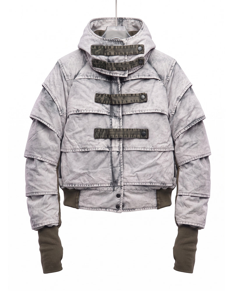 Post-Apocalyptic Distressed Pleated Cropped Hooded Jacket