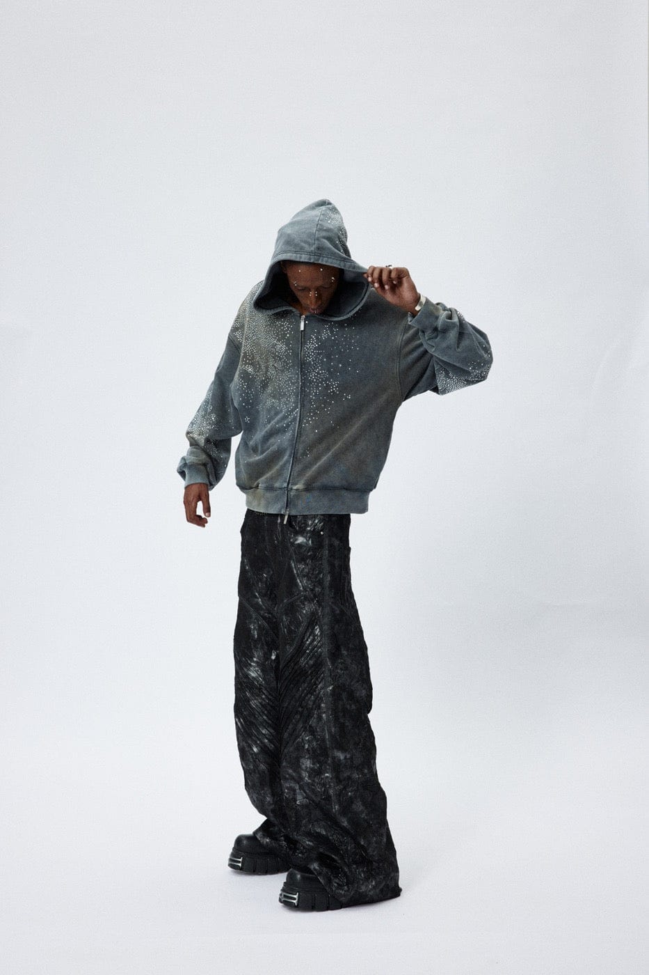 Diamond Distressed Zip-Up Hoodie