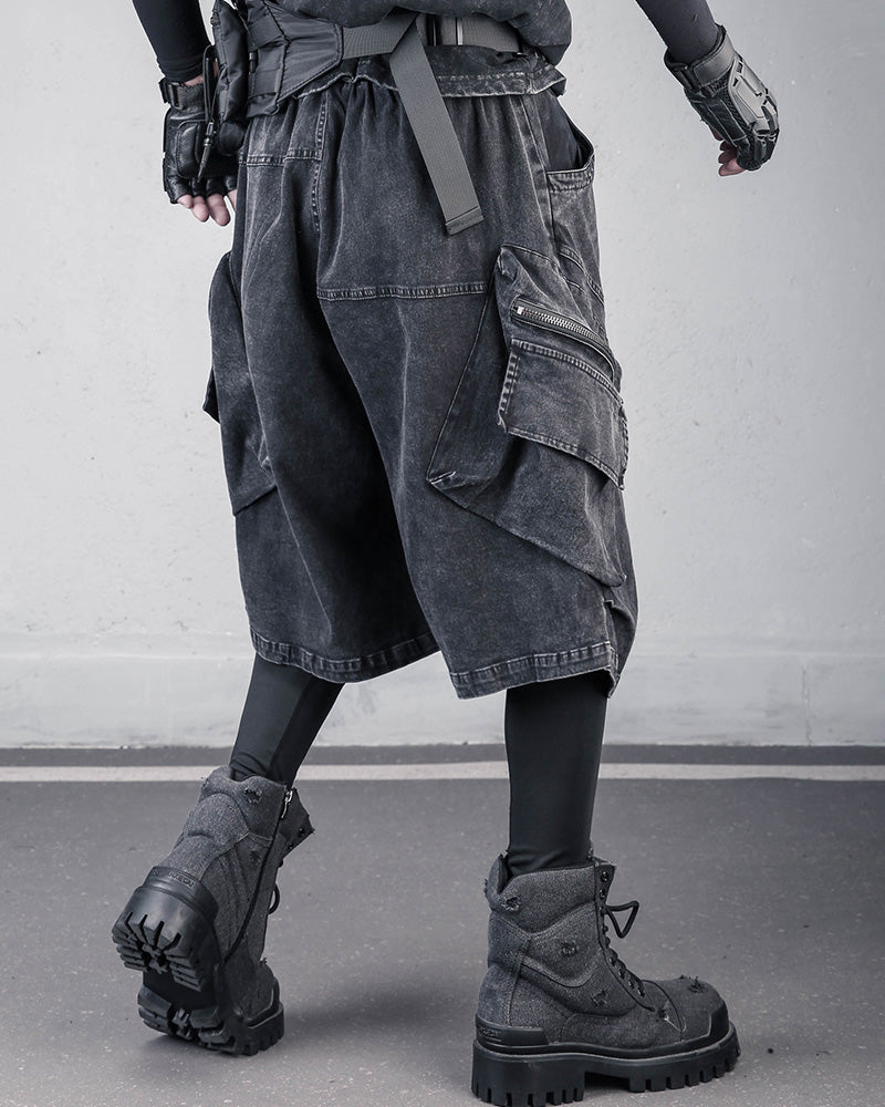 Washed Black Denim Techwear Cargo Shorts