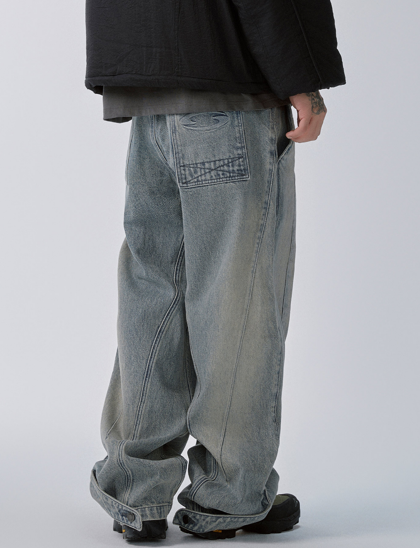 Washed Panel Adjustable-Hem Denim Pants