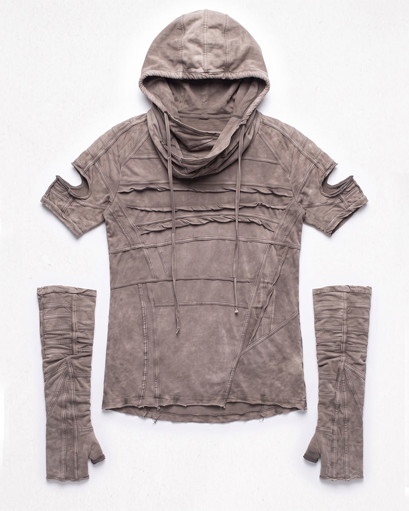 Wasteland Washed Distressed Hooded Tee with Detachable Sleeves