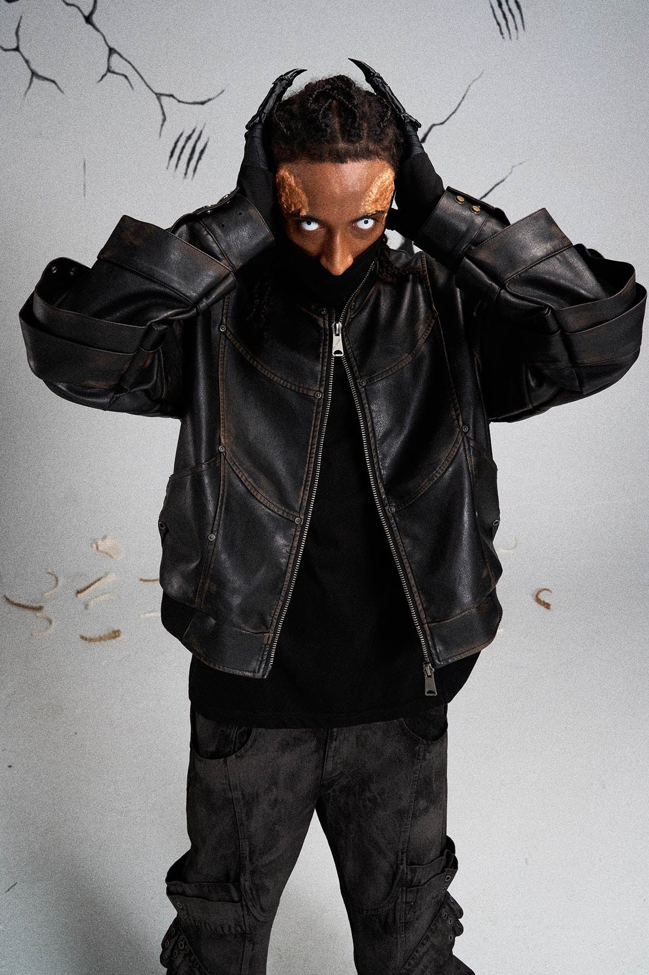 Mutation Layered Armor Spliced Faux Leather Jacket Black