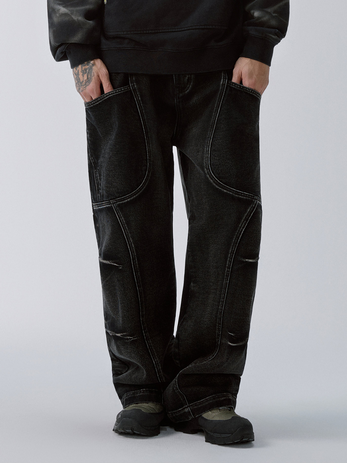 Washed Deconstructed Oversized Denim Cargo Pants