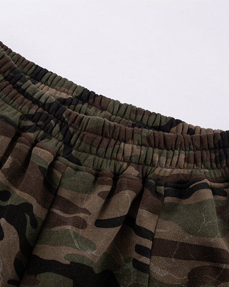 Washed Camo Oversized Curved Knee Shorts