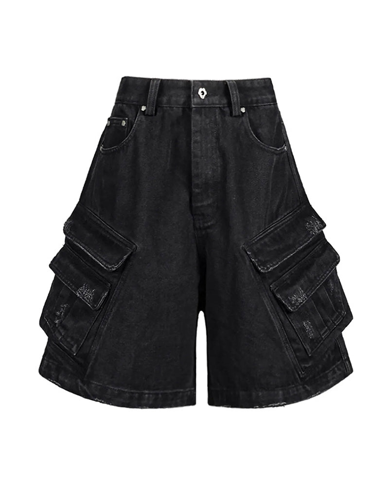 Layered-Pocket Distressed Denim Shorts