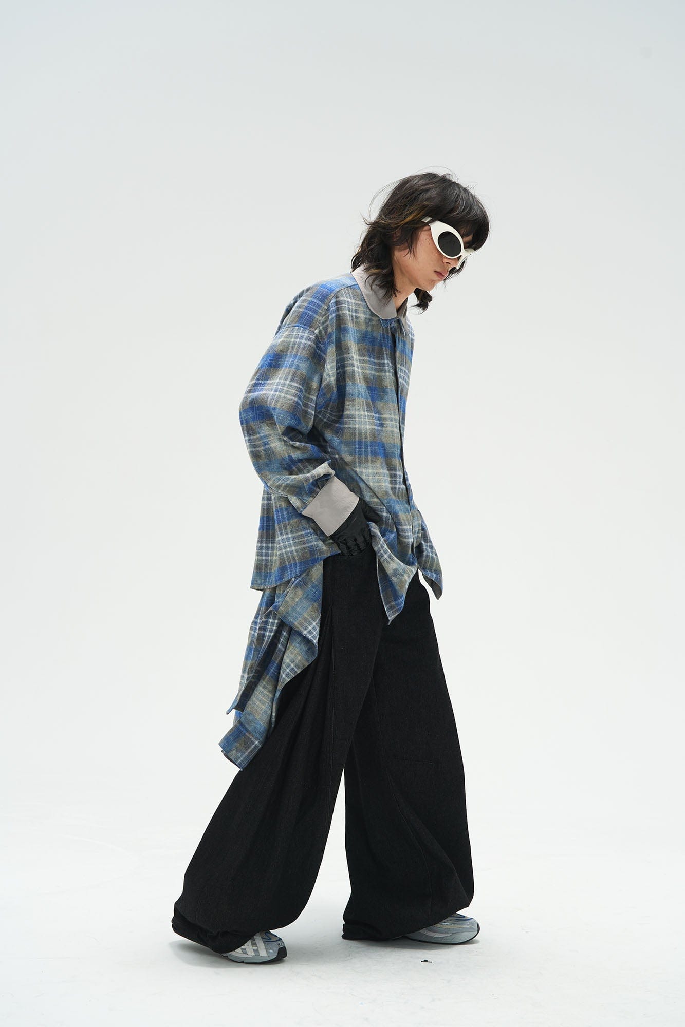 Detachable Plaid Flap Panel Wide-Leg Pants