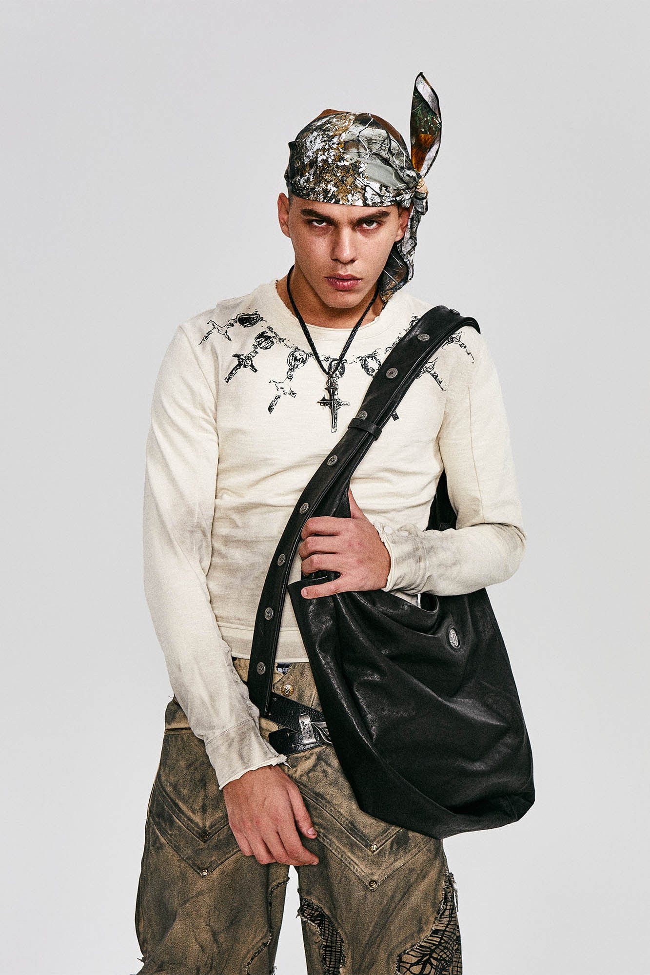 Distressed Cross Chain Graphic Long-Sleeve Tee