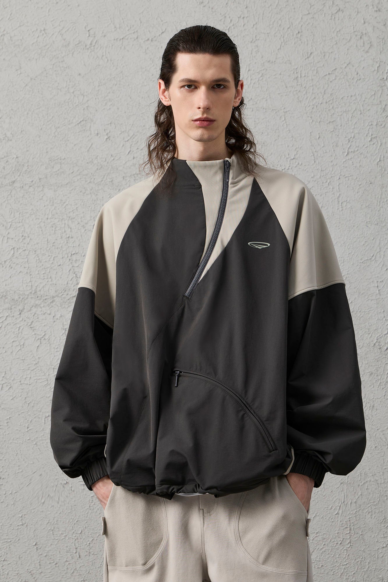 Contrast Diagonal Half Zip Oversized Windbreaker