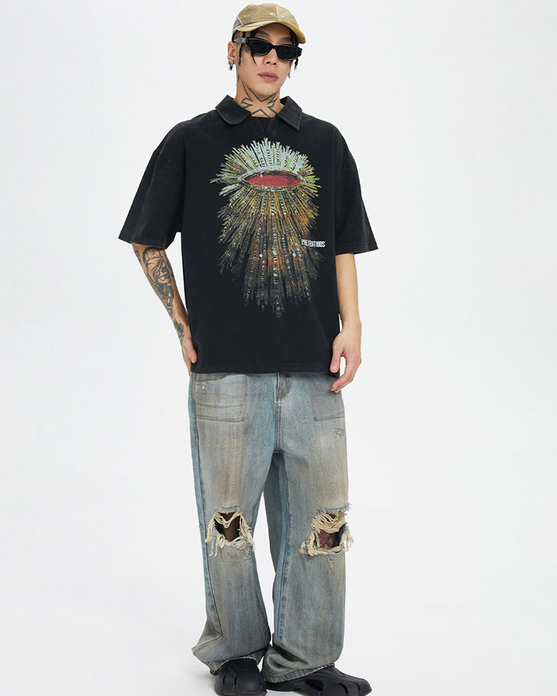 Washed Vintage Radiant Eye Print Polo T-Shirt
