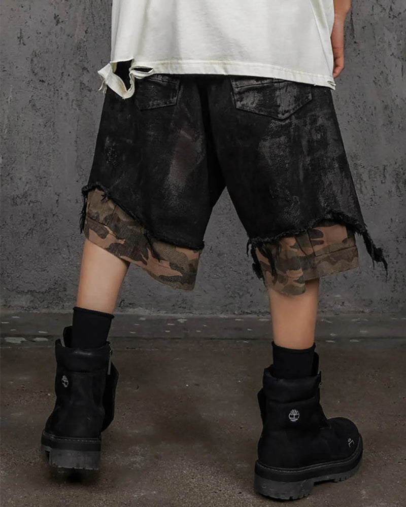 Double-Layered Ripped Camo Shorts Black