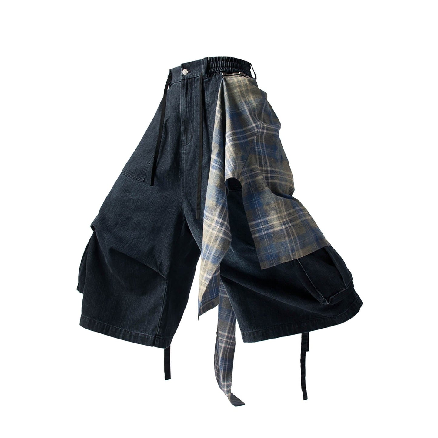 Detachable Plaid Drape Denim Shorts