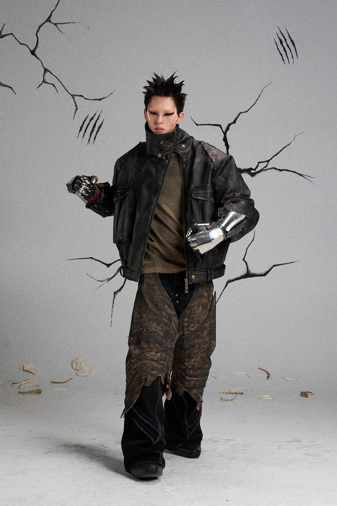 Mutation Knight Armor Distressed High-Collar Faux Leather Jacket