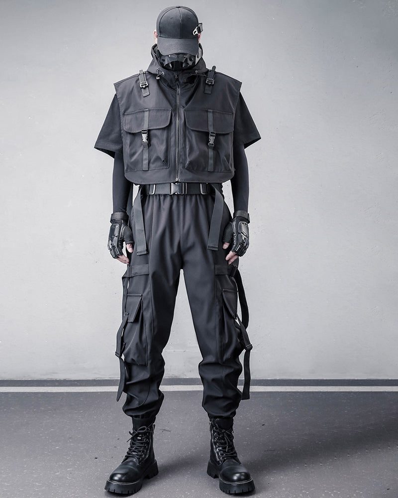 Techwear Tactical Utility Hooded Black Vest