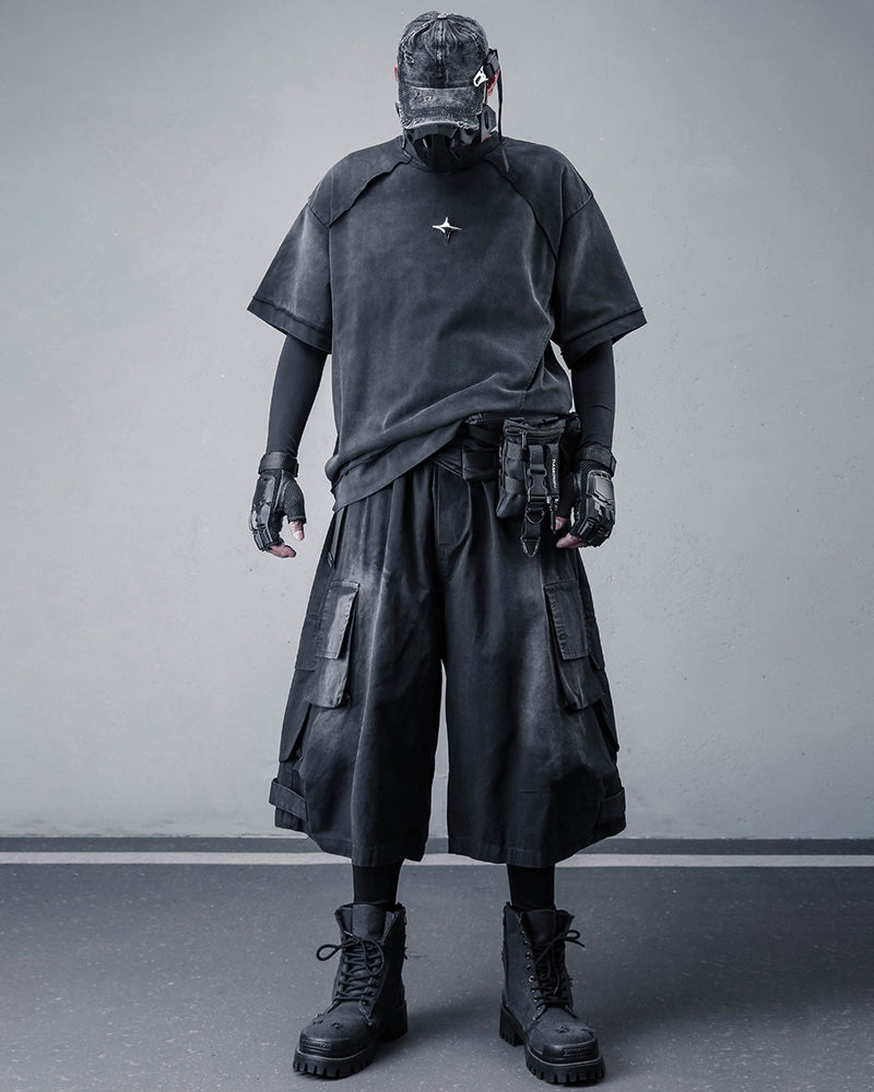 Techwear Distressed Wide-Leg Cargo Shorts