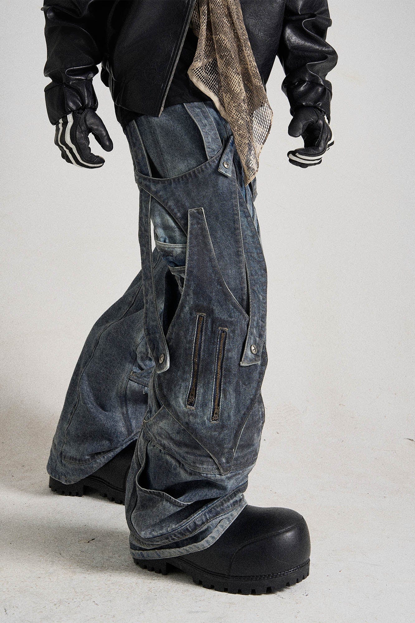 Deconstructed Multi-Strap Wide-Leg Jeans