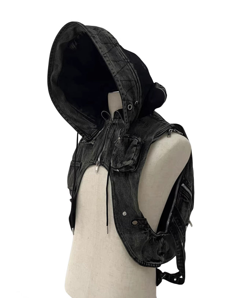 Dystopian Multi-Zip Hooded Utility Backpack Vest