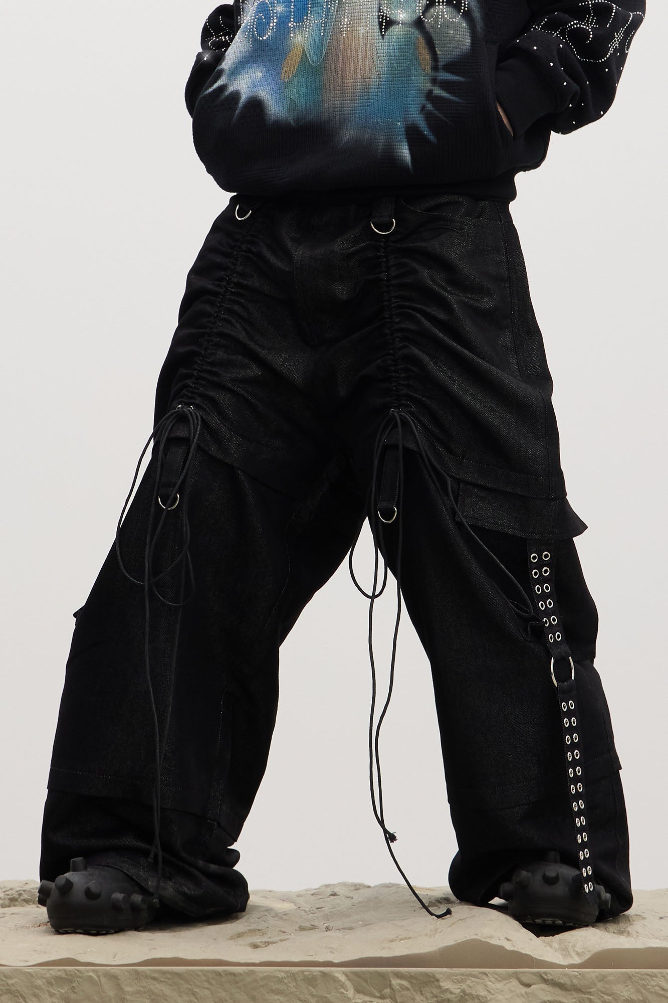 Drawstring Ruched Coated Cargo Jeans