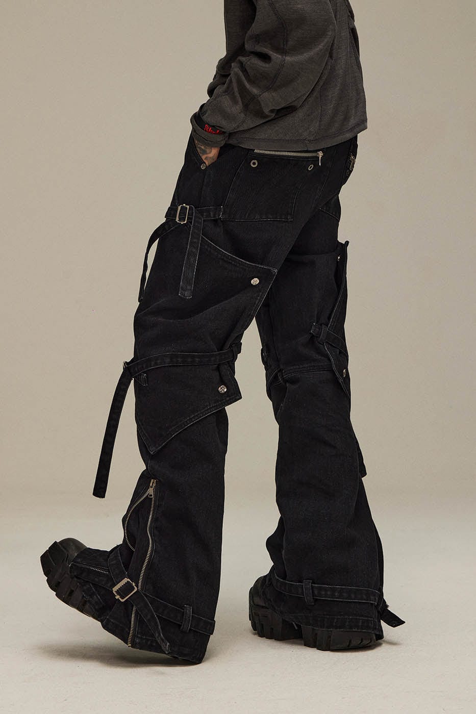 Spliced Faux-Layered Strap Zipper Pants
