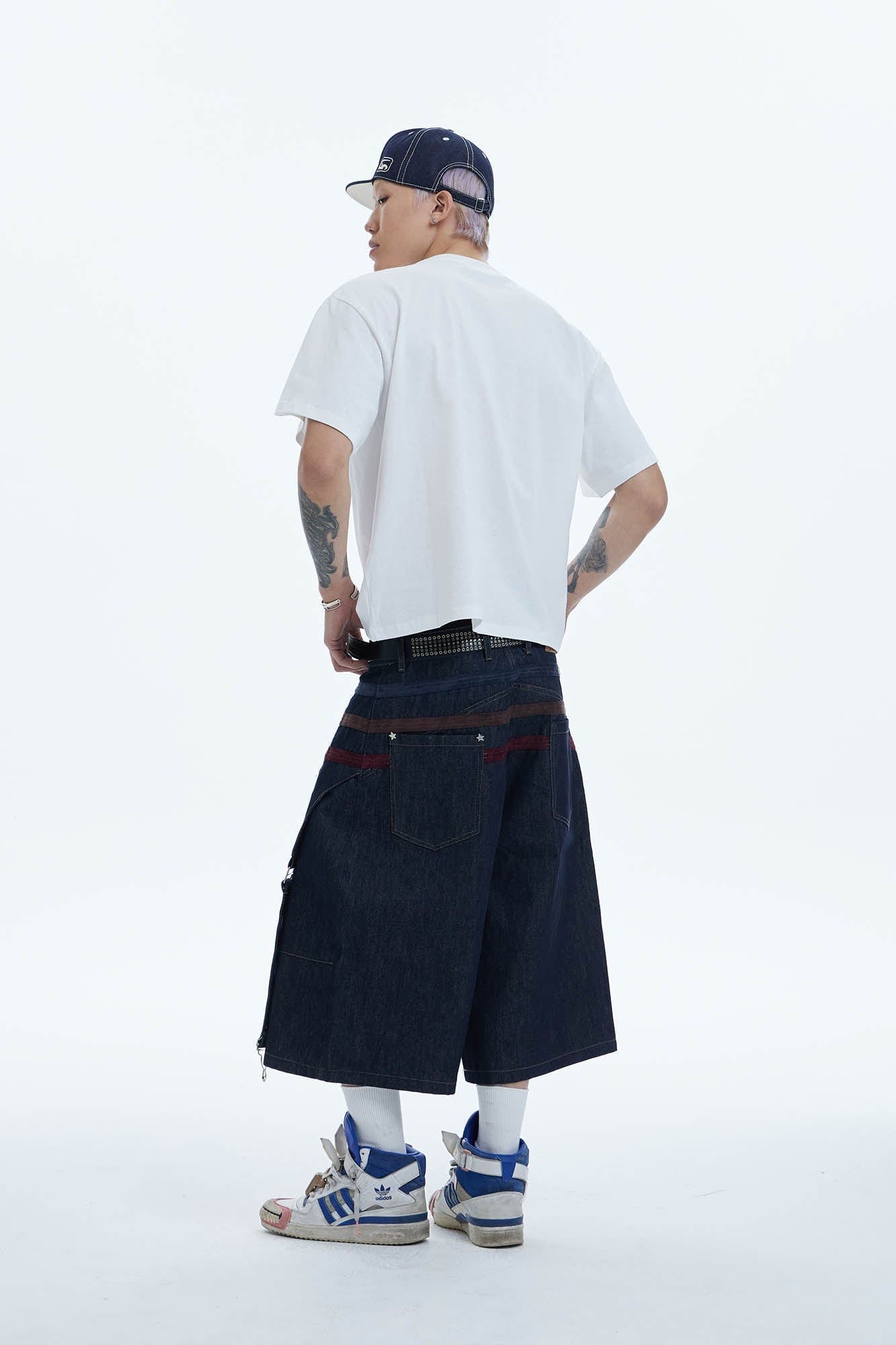 Star-Rivet Harness-Layered Denim Shorts