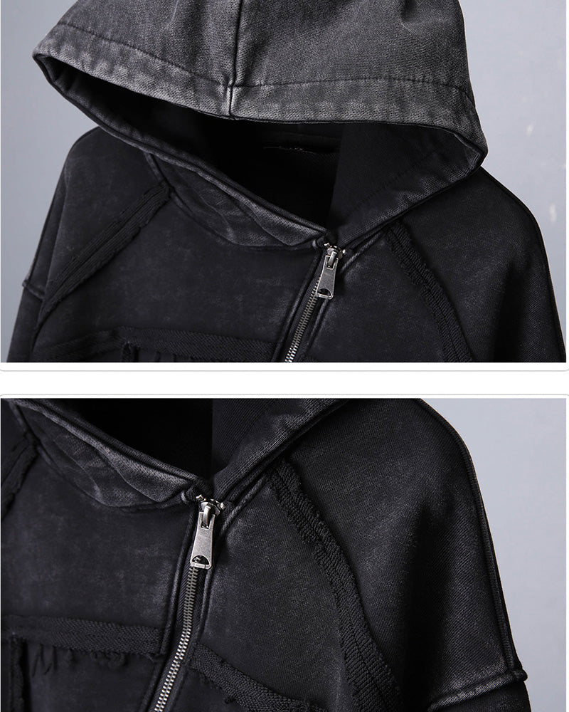 Washed Distressed Asymmetric Zip Techwear Hoodie