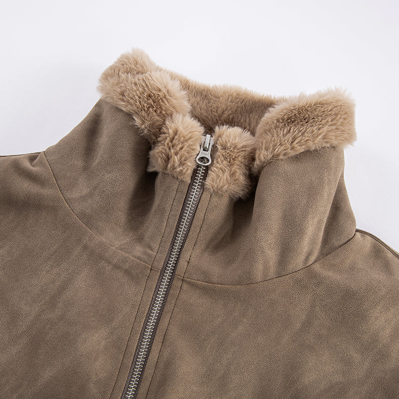 Aged Suede Faux Fur High-Collar Jacket