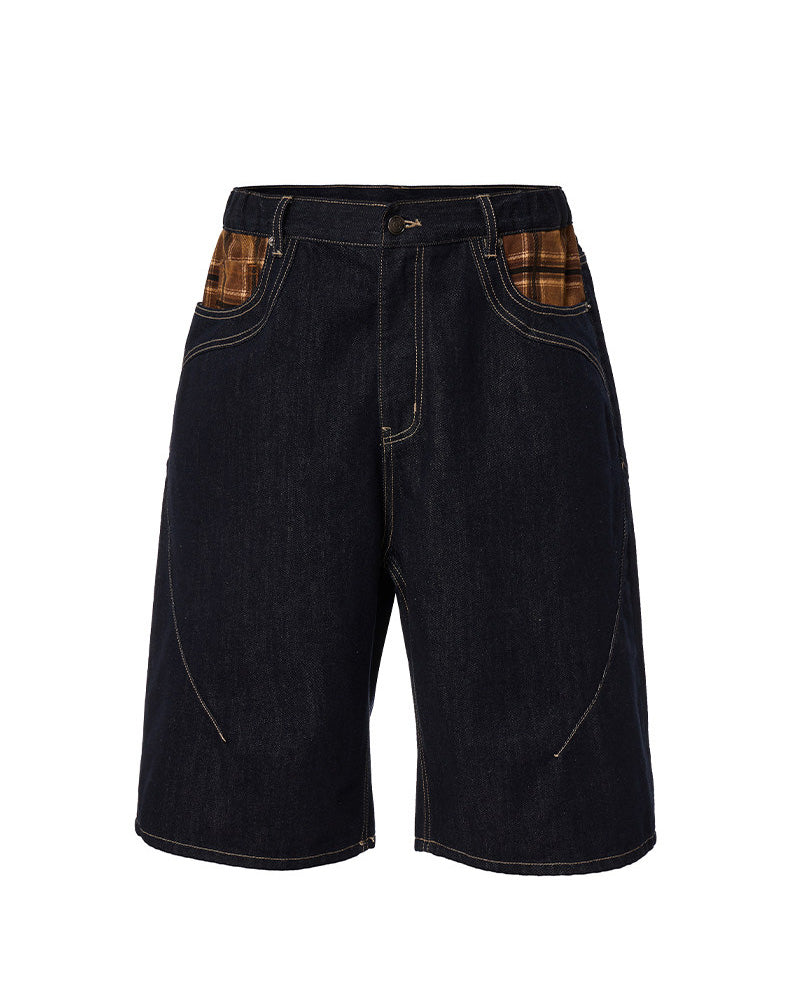 Check-Pocket Denim Shorts