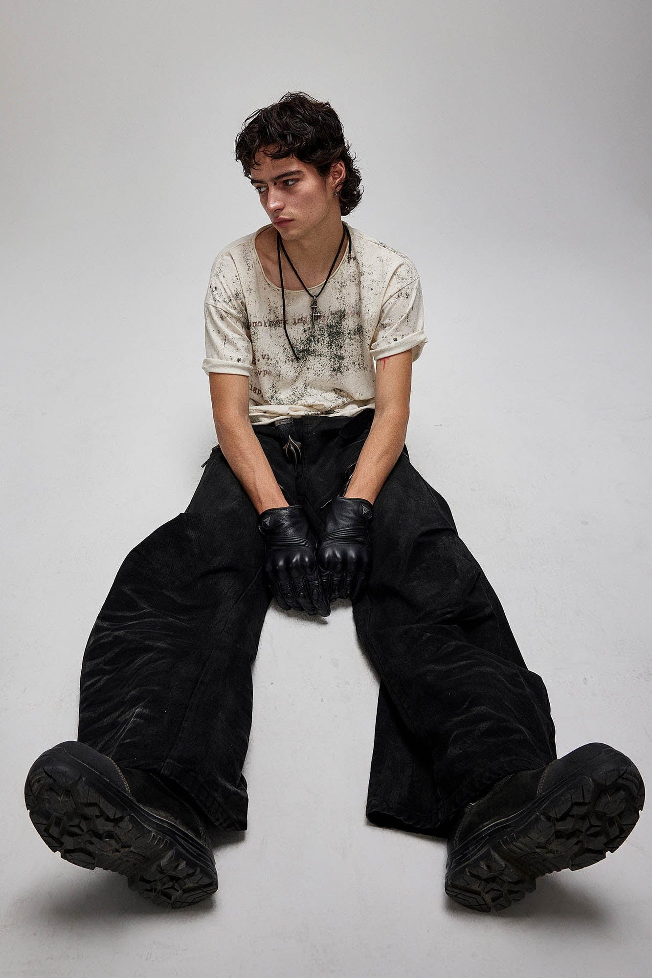 Distressed Waxed Zipper-Paneled Scimitar Pants