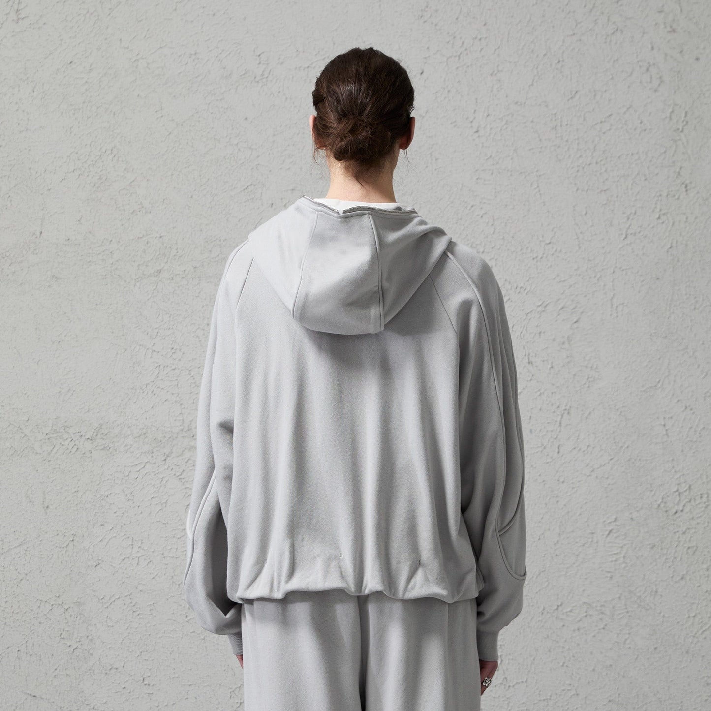 Curved Panel Drawstring-Hem Zip-Up Hoodie